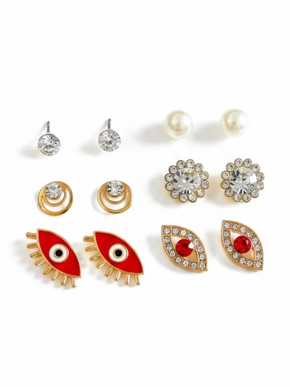 Cherry Red Evil Eye White Pearl Rhinestone Gold Swirl Set 6 Pairs Post Earrings